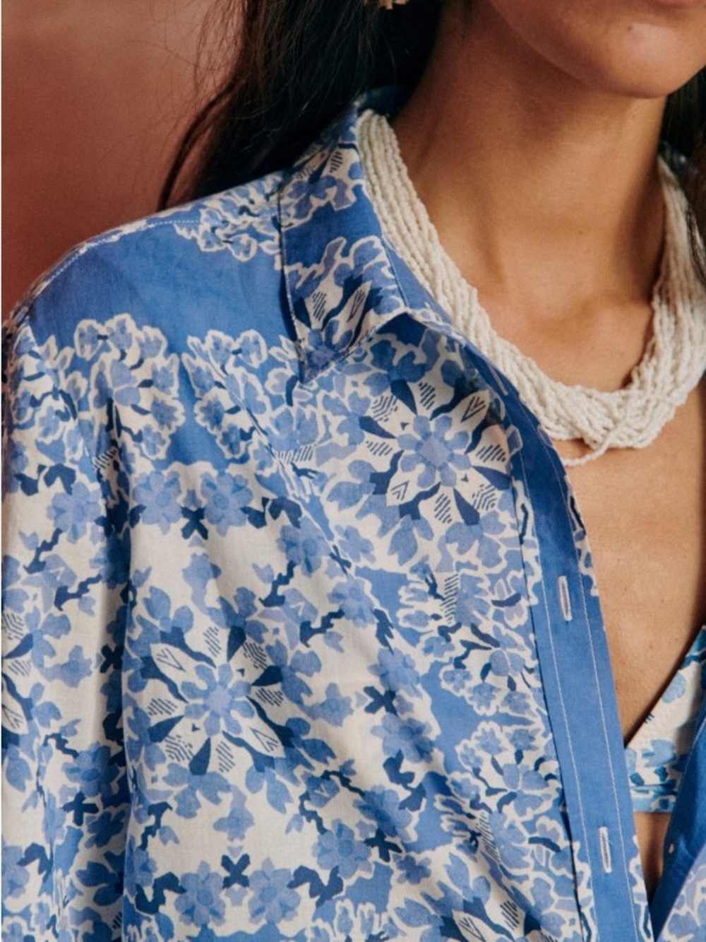 Sezane Floral Pierro Shirt Button Front Printed Cotton Alcazar Blue Size Medium - Picture 4 of 11